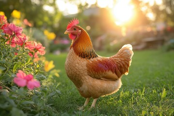 Fototapeta premium Chicken wandering in sunlit farmyard garden.