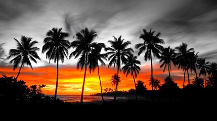 Naklejka premium Stunning Sunset Silhouette Palm Trees Tropical Beach Scene