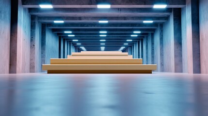 Obraz premium Cool blue light illuminates sleek concrete hallway with inviting wooden benches. AI Generated