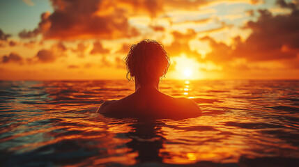 Fototapeta premium silhouette of a man with shoulders just out of the ocean looking at the sunset with a dramatic colourful sky