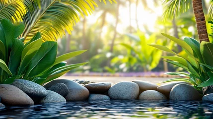 Serene Tropical Oasis- Stones, Plants, and Calm Water