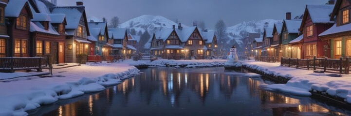 Fototapeta premium A large snowman in the foreground of a cozy winter village with snow-covered houses and a frozen canal, cold weather, village, snowman