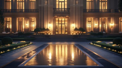 Obraz premium Grand Mansion at Night Reflection in Tranquil Pool