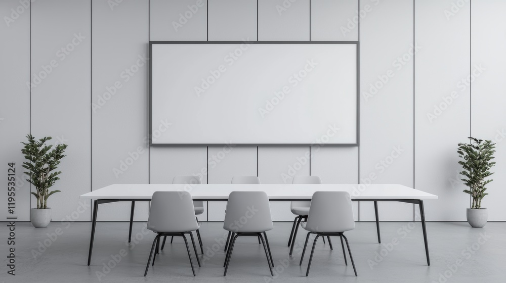 Poster Modern meeting room with empty table, whiteboard and presentation screen promoting optimized workflow