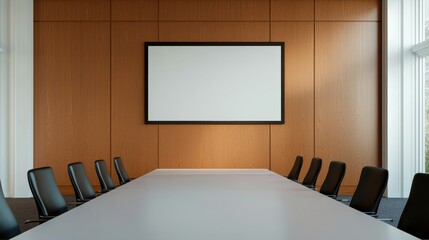 Modern meeting room with large empty table and blank projection screen, ready for corporate meeting
