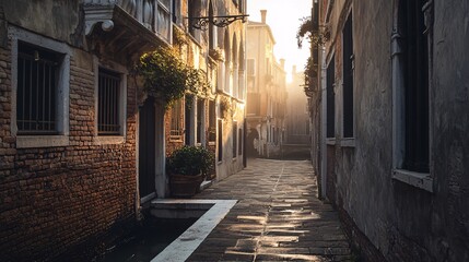 Fototapeta premium Golden sunrise illuminating picturesque canal and alley in venice, italy