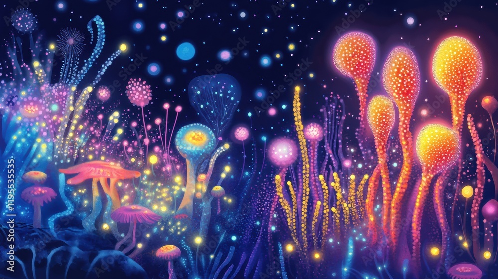Aufkleber Exploring a vibrant microscopic ecosystem filled with glowing friendly microbes in a fantastical underwater landscape. Generative AI