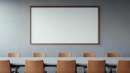 Modern meeting room with empty whiteboard and table ready for a business meeting