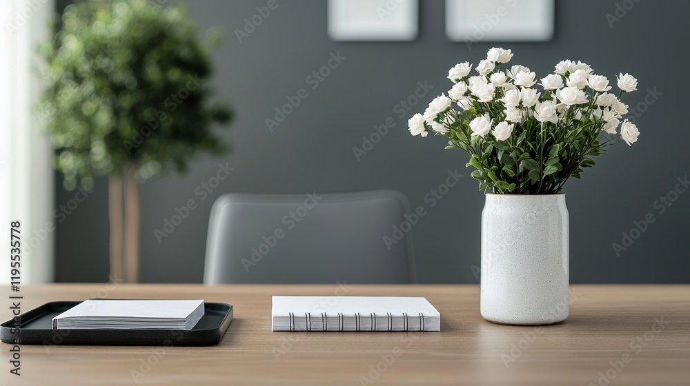 Poster modern office table setup displaying notebooks and a bouquet of white roses in a vase, promoting a p