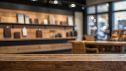 Empty wood table top on a premium retail store setting with a blurred background. The focus is on the table surface.