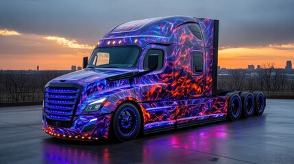 Fiery purple and blue custom semi-truck at sunset.