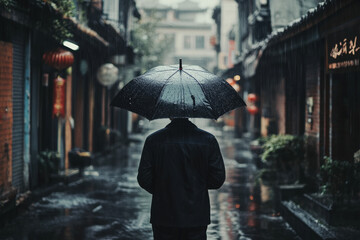 Man with Umbrella in Empty Rainy Street

