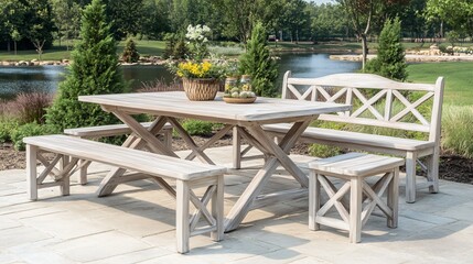 Obraz premium Rustic Whitewashed Wooden Outdoor Patio Dining Set