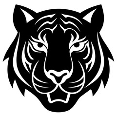 Obraz premium Tiger head black silhouette vector, Simple silhouette Design vector icon with white background. Wild Animal Vector. roaring tiger head