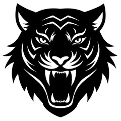 Tiger head black silhouette vector, Simple silhouette Design vector icon with white background. Wild Animal Vector. roaring tiger head