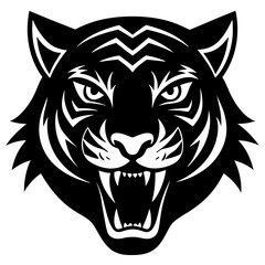 Tiger head black silhouette vector, Simple silhouette Design vector icon with white background. Wild Animal Vector. roaring tiger head