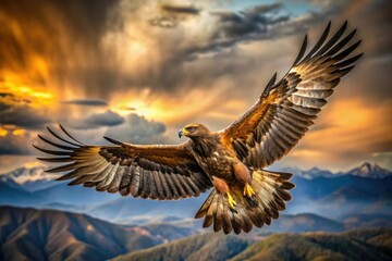 Obraz premium A majestic golden eagle soars through the sky, its wings spread wide as it rides the thermals, golden eagle, freedom