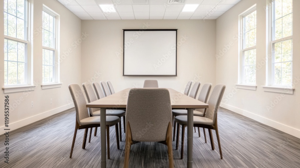 Poster modern conference room with projection screen and empty table ready for a business meeting