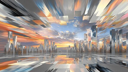 Abstract Cityscape at Sunset- Futuristic Digital Art