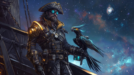 Fototapeta premium Design a charismatic pirate captain with futuristic armor, a mechanical parrot, and a glowing plasma cutlass. Set on a sleek, high-tech pirate ship in space, exuding confidence, mystery, and adventure