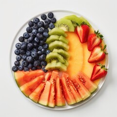 A fruit platter with slices of melon, strawberries, and blueberries