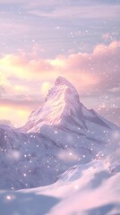 Majestic snow-covered mountain peak under a colorful sunset sky with falling snowflakes