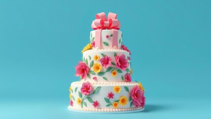 A multi-tiered birthday cake with a vibrant floral pattern on the sides and a large bow at the top set against a monochromatic blue background, birthday cake, party decorations, celebration decor