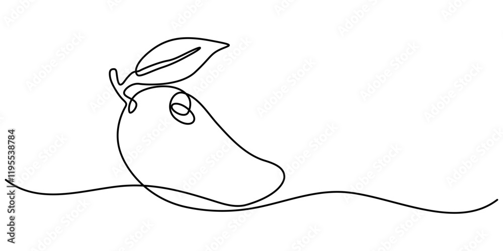 Poster Continuous one line drawing of mango. Doodle vector illustration, Continuous one line drawing of mango fruit with leaf. Mango fruit hand drawn single line art vector illustration, Continuous line draw