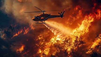 Fire Helicopter Dropping Water Over Raging Forest Fire – Dramatic Wildfire Battle and Emergency Response Scene in Effort to Control Destructive Blaze