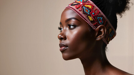 Elegant woman showcasing intricately beaded Brazilian headdress, cultural beauty