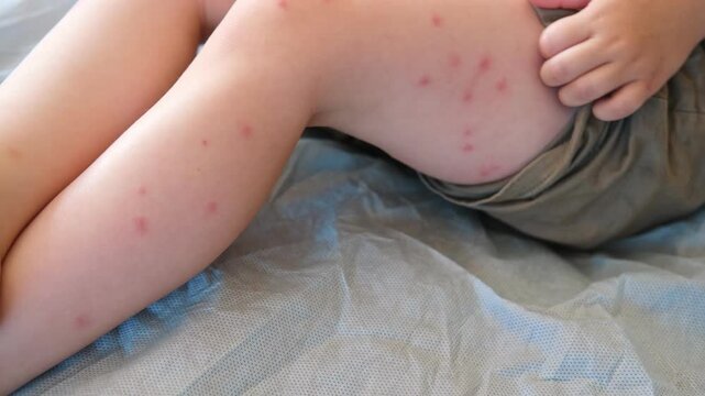 Child scratch body has sensitive itchy skin. Bodily rash. Kid allergy closeup. Little baby scratches eruption. Irritation, hive. Pruritus. Mosquito insect bite. Red from sunburn, Seborrheic Dermatitis