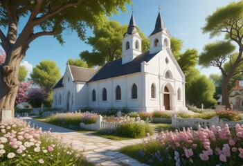 Naklejka premium A picturesque white church with a tile roof nestled among blooming flowers and trees, church in field of flowers, white building, tile roof