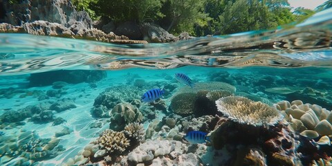 Obraz premium Underwater scene showcasing vibrant coral reefs and colorful fish in clear blue water.