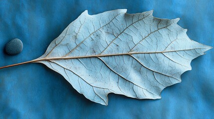 Dried Leaf and Stone on Blue Background Abstract Nature Photography