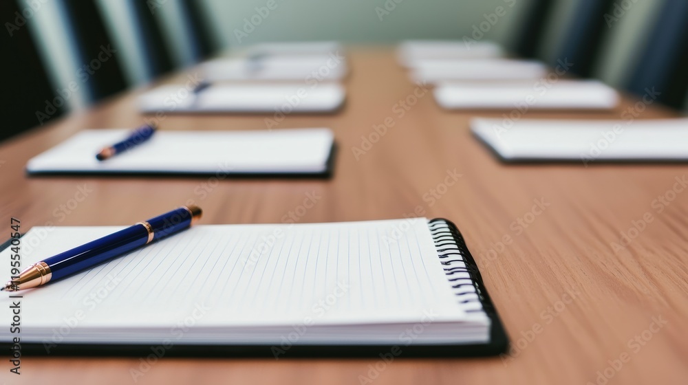 Aufkleber conference table setup for business meeting with notepads and pens