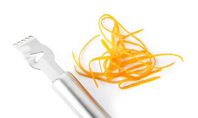 Fresh orange zest and zester tool isolated on white