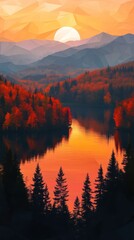 Fototapeta premium Autumn sunset lake, mountain reflection, nature poster