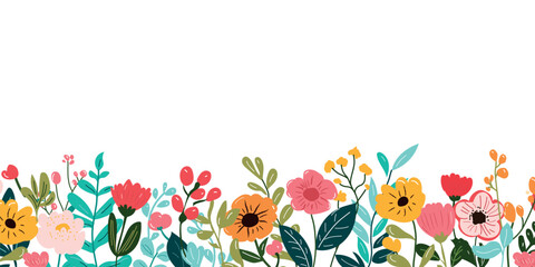 Collection of spring colorful flower elements vector. Floral boarder of wildflower, leaf branch, foliage on white background. Hand drawn blossom illustration for decor, easter, sticker, clipart
