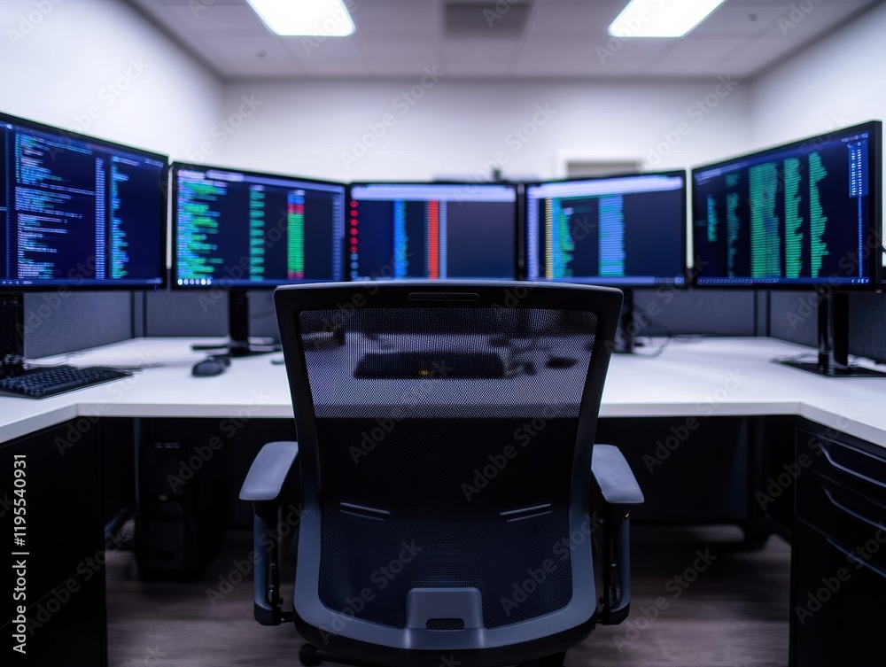 Poster Ergonomic chair facing multiple monitors displaying code in a modern office