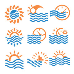 sun and wave logo design set 