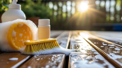 Cleaning products brush and canister with detergent soapy foam on the wooden floor of the terrace