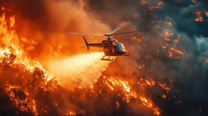 Fire Helicopter Dropping Water Over Raging Forest Fire – Dramatic Wildfire Battle and Emergency Response Scene in Effort to Control Destructive Blaze