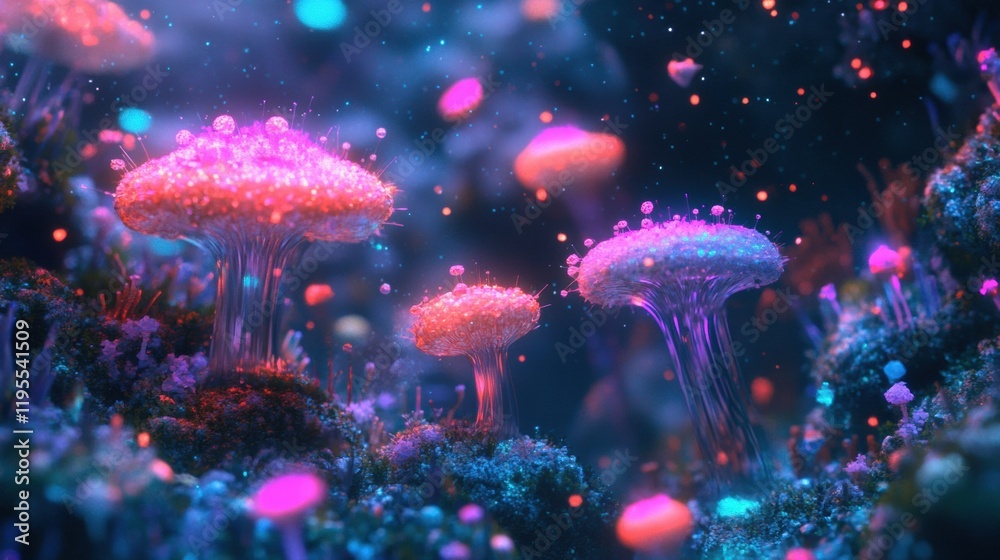 Poster explore a vibrant microscopic ecosystem showcasing enchanting friendly microbes and bioluminescent f
