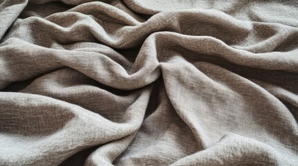 Draped Taupe Linen Fabric Texture Background, Detailed Closeup Wrinkled Textile