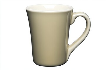 Obraz premium Beige ceramic mug with a curved shape and a C-shaped handle, isolated on white background.