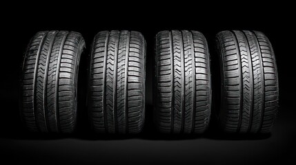 Four used tires in a row on a black background.