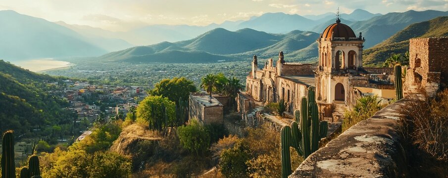 Abandoned church overlooking picturesque valley in alamos, sonora, mexico