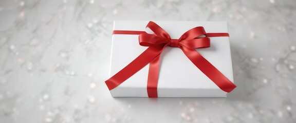 A red ribbon tied in a bow on a white gift wrapping paper, party decor, bows