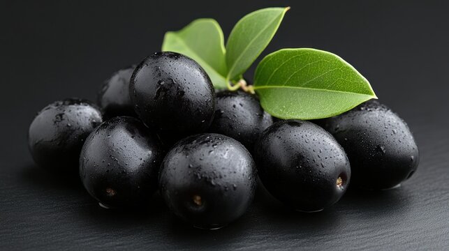 Fresh juicy java plums with leaves.