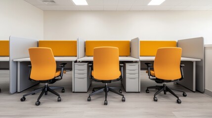 Fototapeta premium Modern office cubicles featuring vibrant orange chairs and neutral partition walls